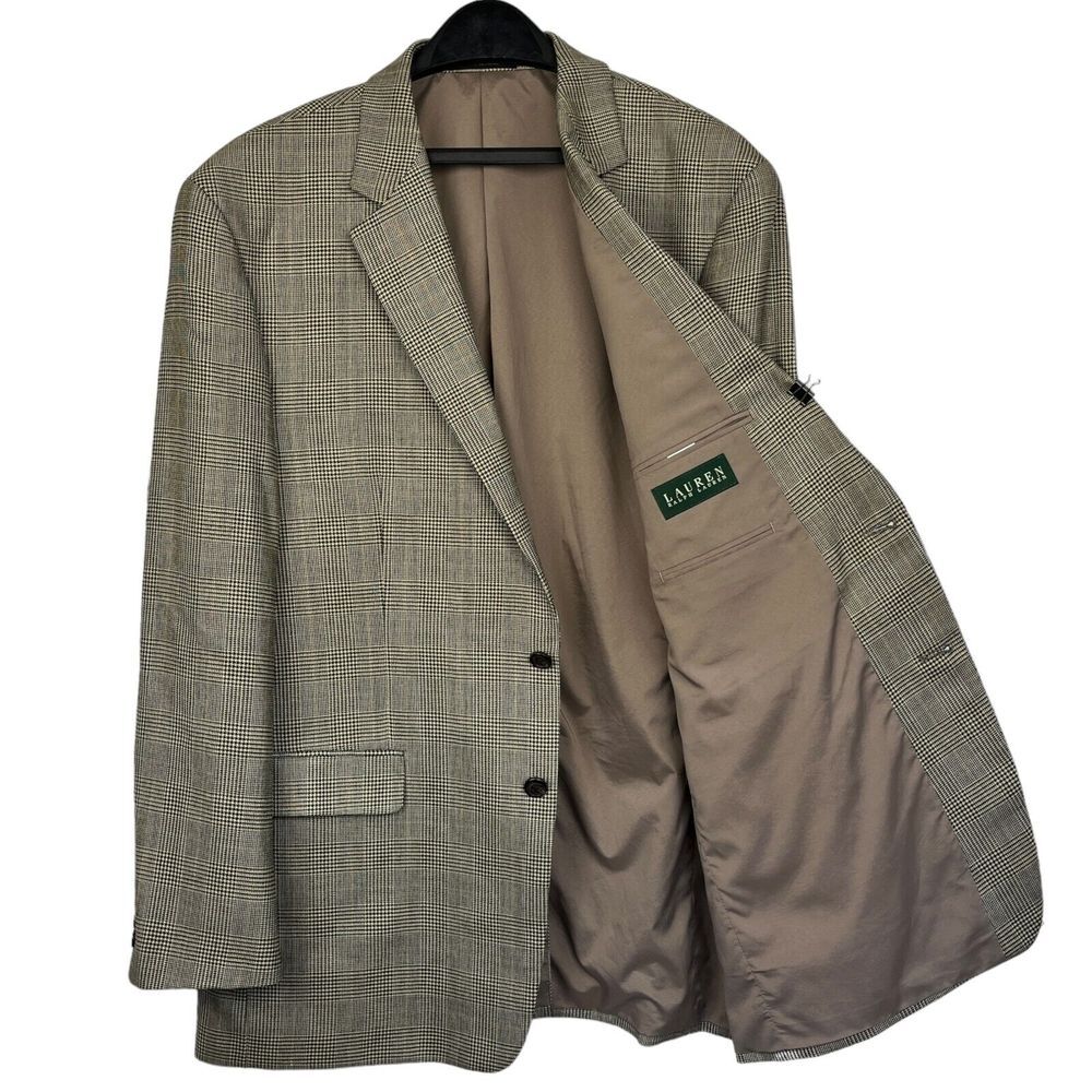 Ralph Lauren GLEN PLAID 46L Silk Wool Silk Check Beige Black Blazer Coat Jacket